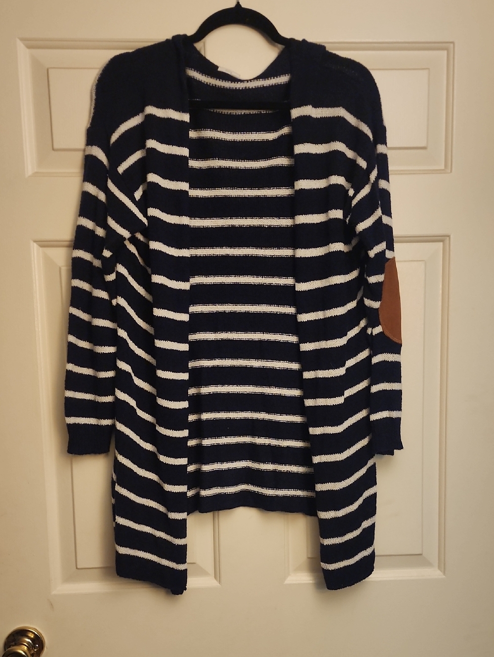 Navy and White Striped Open-Front Hooded Cardigan with Tan Elbow Patches